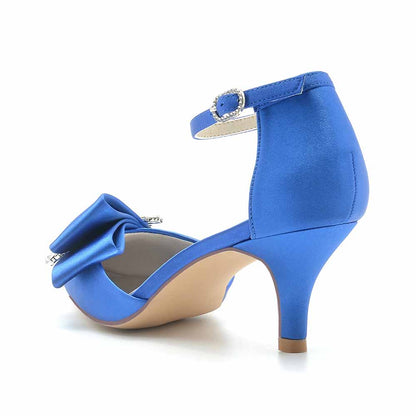 TC Blue Satin Bridal Shoes for the Bride with Elegant Bow and Ankle Strap Design