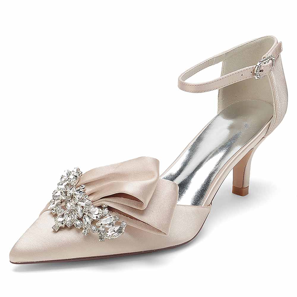 Elegant TC bridal shoes for the bride featuring a satin finish and decorative bow with gems