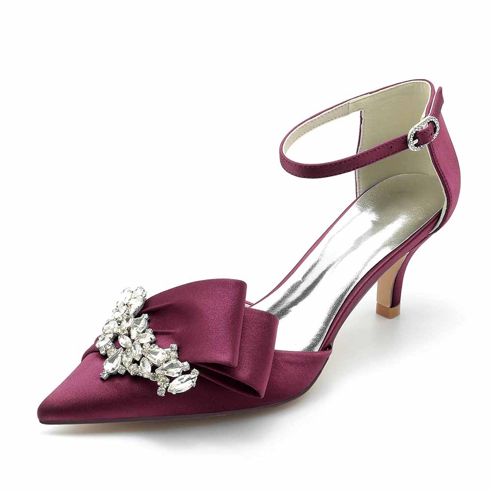TC Burgundy Satin Bridal Shoes for the Bride with Elegant Bow and Rhinestone Accent
