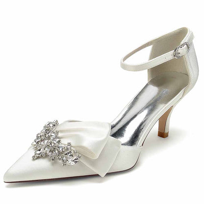 Elegant TC bridal shoes for the bride featuring satin finish and embellished bow detail
