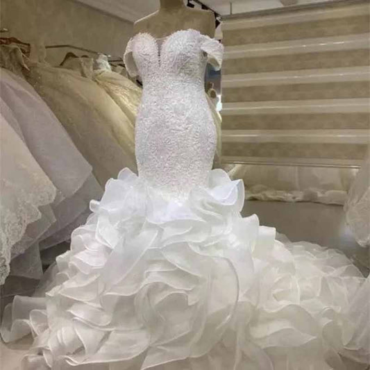 Off Shoulder Bridal Ball Gown Sleeves Mermaid Wedding Dresses with Ruffles Train