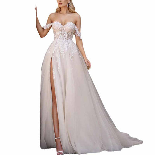 Tulle A Line Princess Off Shoulder Chapel Train Lace Wedding Dresses, PW473 main image 1