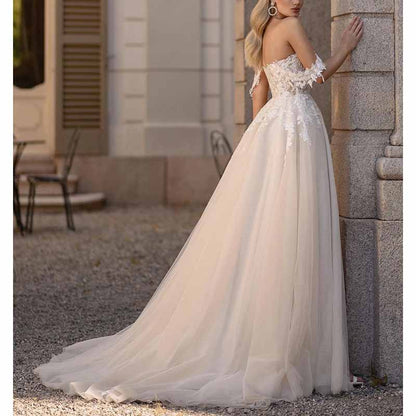 A-Line/Princess Off-the-Shoulder Chapel Train Tulle Wedding Dresses With Leg Slit
