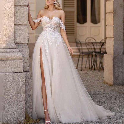 A-Line/Princess Off-the-Shoulder Chapel Train Tulle Wedding Dresses With Leg Slit