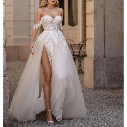 A-Line/Princess Off-the-Shoulder Chapel Train Tulle Wedding Dresses With Leg Slit