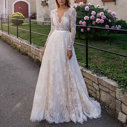 Long Sleeves Ball-Gown/Princess Illusion Court Train Lace Tulle Wedding Dress