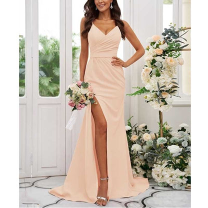 Ruched V-neck Sleeveless Sweep/Brush Train Bridal Dress Bridesmaid Dresses