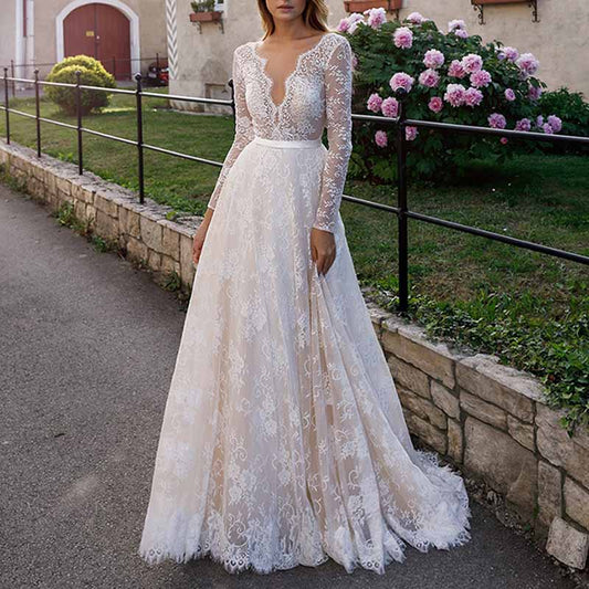 Long Sleeves Ball-Gown/Princess Illusion Court Train Lace Tulle Wedding Dress