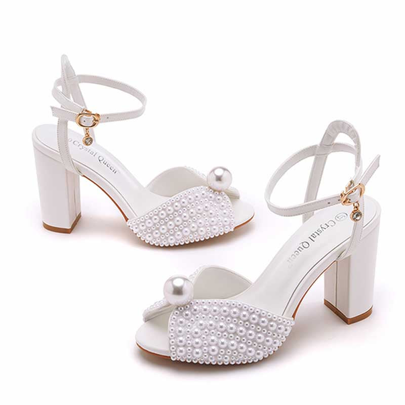 3.74" Chunky Wedding Sandals Vintage Peep Toe Block Heeled Bridal Shoes