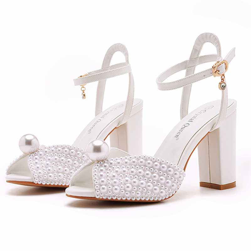 3.74" Chunky Wedding Sandals Vintage Peep Toe Block Heeled Bridal Shoes