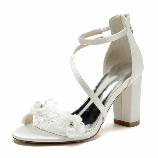 Women Ankle-Strp Pump Appliqued Chunky Wedding Prom Sandals