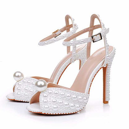 4.41" Pearl Wedding Sandals Vintage Peep Toe Stiletto Heeled Shoes