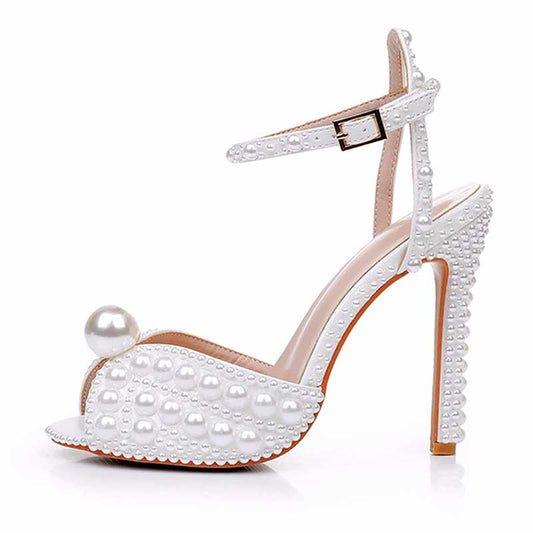 4.41" Pearl Wedding Sandals Vintage Peep Toe Stiletto Heeled Shoes