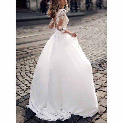 Mermaid V-Neck Sleeveless Sweep Train Lace Satin Wedding Dress