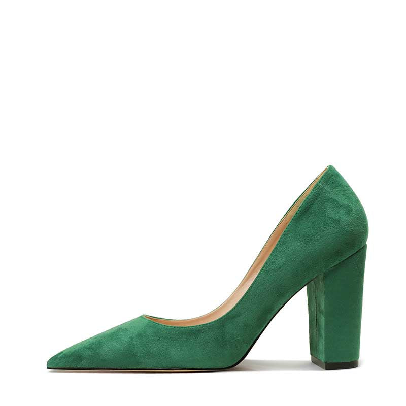 SD Dresscode green suede 3.54 inch bridesmaid heels with a pointed toe and chunky heel design