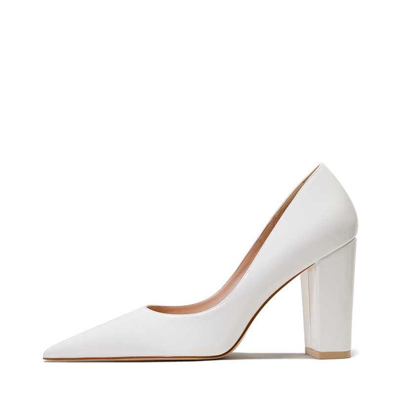 Elegant white 3.54 inch bridesmaid heels with a pointed toe and chunky heel design