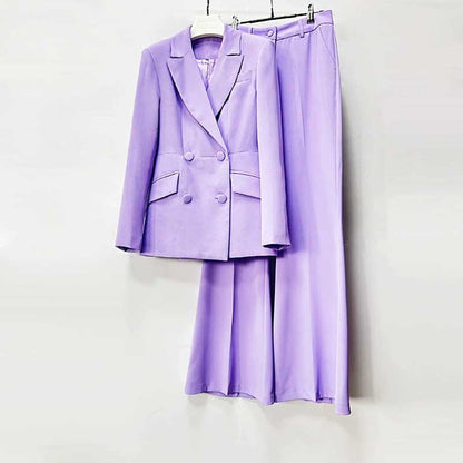 Stylish bridesmaid lavender pantsuit set featuring a tailored blazer and wide-leg trousers