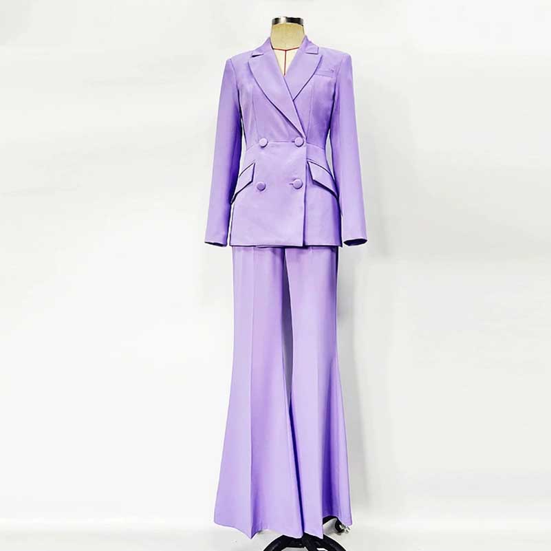 Elegant bridesmaid lavender pantsuit set with double-breasted blazer and flared trousers
