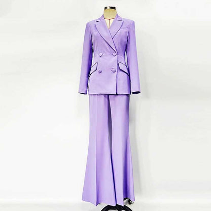 Elegant bridesmaid lavender pantsuit set with double-breasted blazer and flared trousers