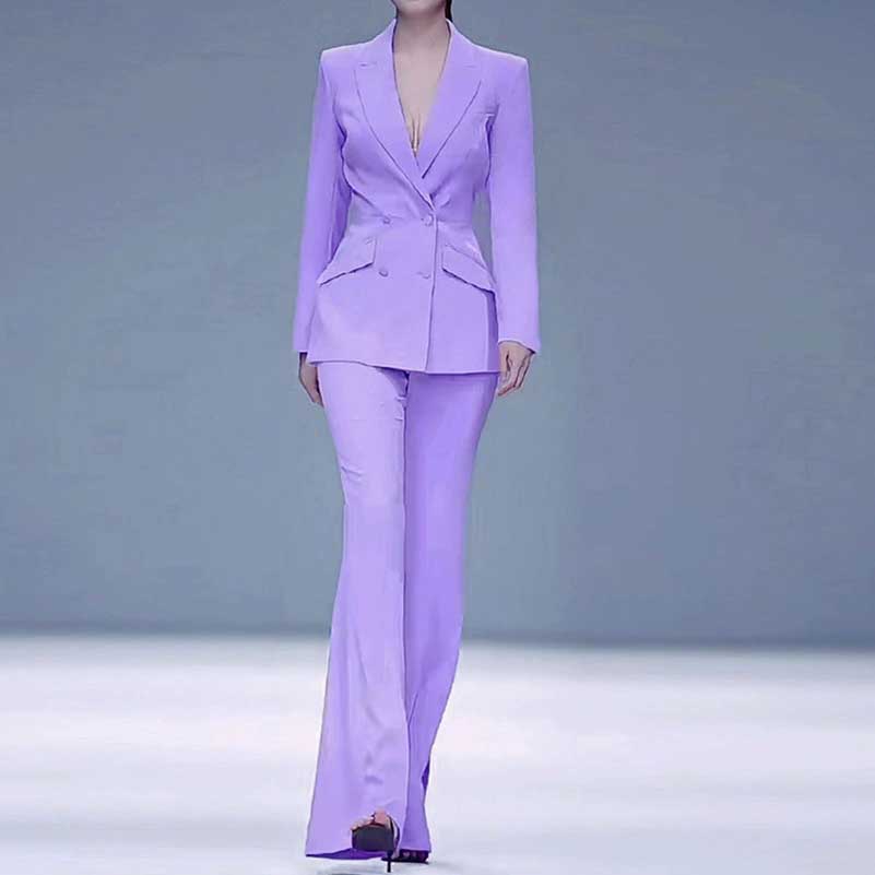 Elegant bridesmaid lavender pantsuit set featuring a sleek double-breasted blazer and flared trousers