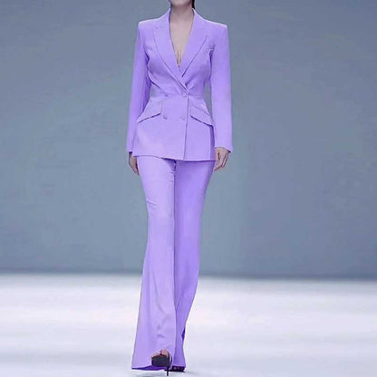 Elegant bridesmaid lavender pantsuit set featuring a sleek double-breasted blazer and flared trousers