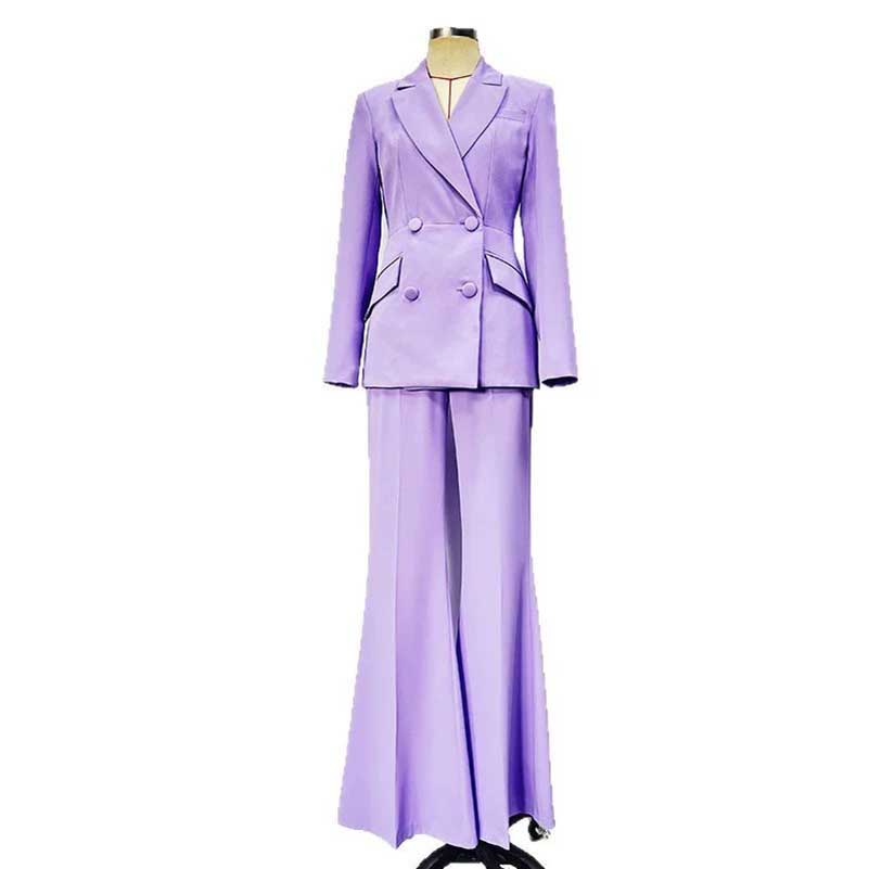 Bridesmaid lavender pantsuit set featuring a stylish double-breasted blazer and wide-leg pants