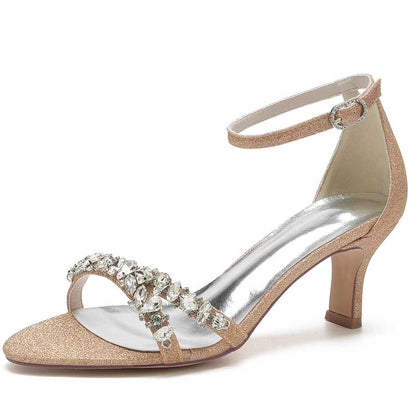 bridesmaid rhinestone sandals low heel in gold with sparkling embellishments