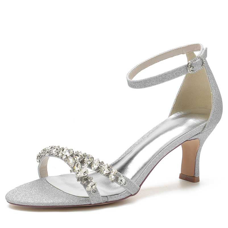 bridesmaid rhinestone sandals low heel in silver with elegant embellishments and ankle strap