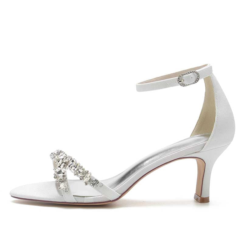 bridesmaid rhinestone sandals low heel in white with elegant strap design for special occasions