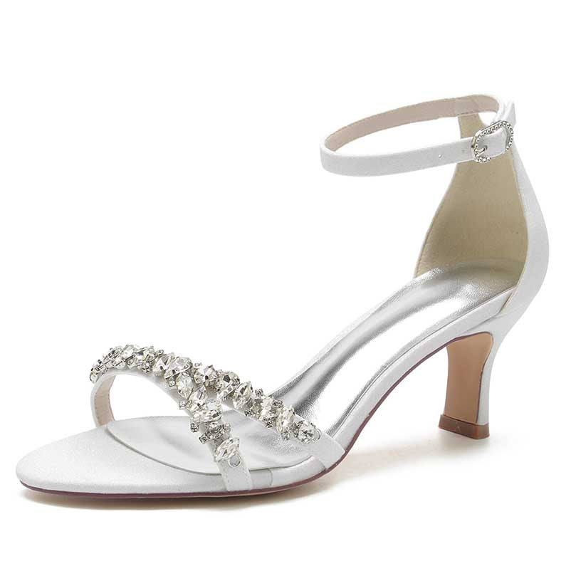 white bridesmaid rhinestone sandals low heel in white with elegant strap design for special occasions
