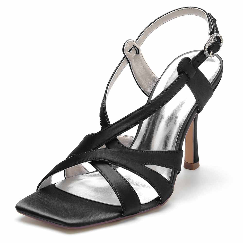 Elegant black S&DCo. satin bridesmaid sandals with a stylish strap design and comfortable heel