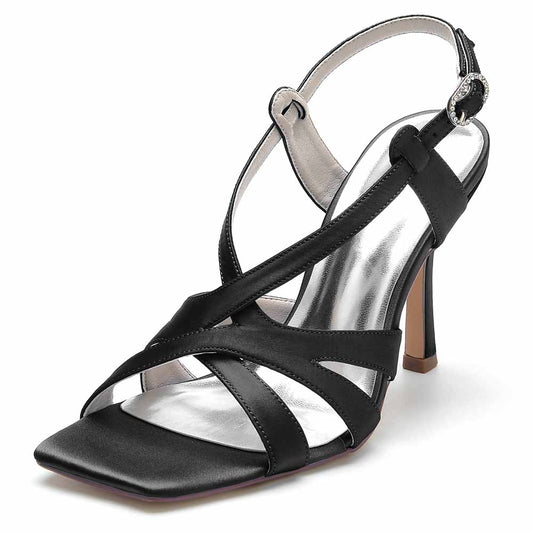Elegant black S&DCo. satin bridesmaid sandals with a stylish strap design and comfortable heel
