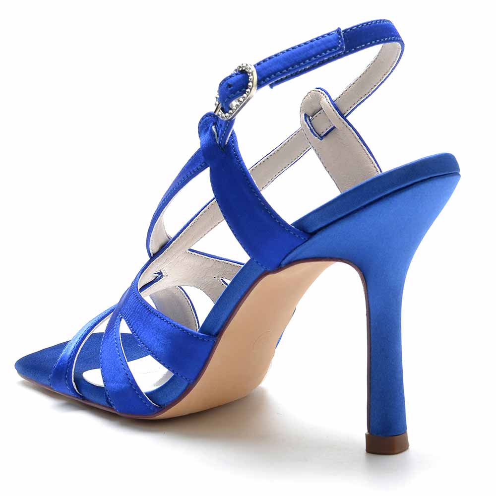 S&DCo. elegant blue satin bridesmaid sandals with a pointed toe and stylish ankle strap