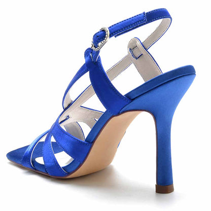 S&DCo. elegant blue satin bridesmaid sandals with a pointed toe and stylish ankle strap