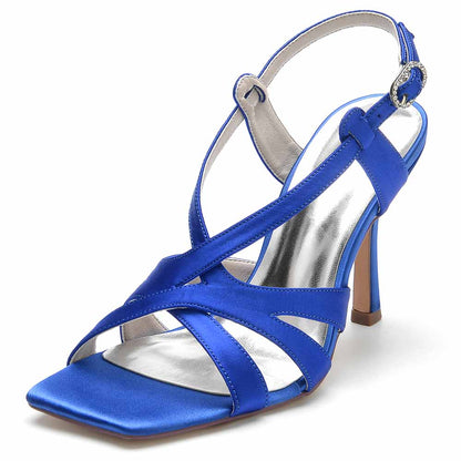 Elegant blue satin bridesmaid sandals with a stylish heel and ankle strap for weddings