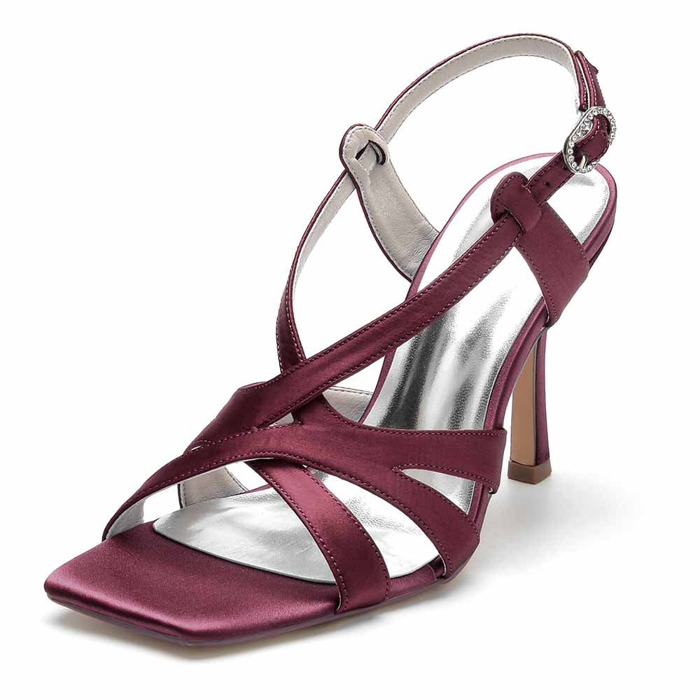 S&DCo. Burgundy Satin Bridesmaid Sandals with Elegant Strap Design and High Heel