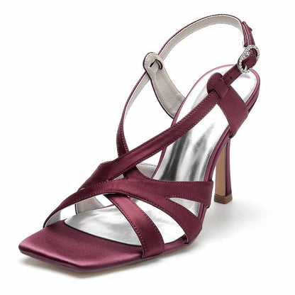 S&DCo. Burgundy Satin Bridesmaid Sandals with Elegant Strap Design and High Heel