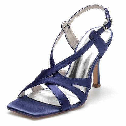 Navy satin bridesmaid sandals by S&DCo with a stylish strap design and elegant heel