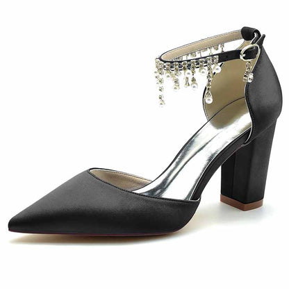 Black bridesmaid satin high heel shoes with ankle strap and decorative beads