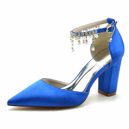 Blue bridesmaid satin high heel shoes with ankle strap and jeweled accents