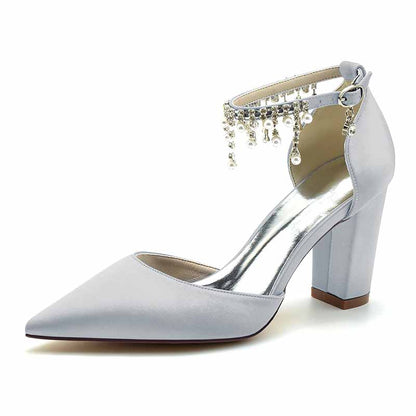 Bridesmaid satin high heel shoes with elegant ankle embellishments in light gray