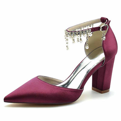 Bridesmaid satin high heel shoes in burgundy with an elegant ankle strap and jewel accents