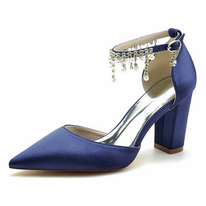 Bridesmaid satin high heel shoes with sparkling ankle strap and elegant block heel