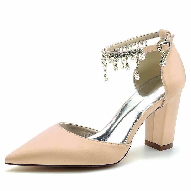 Bridesmaid satin high heel shoes with elegant ankle strap and embellished details