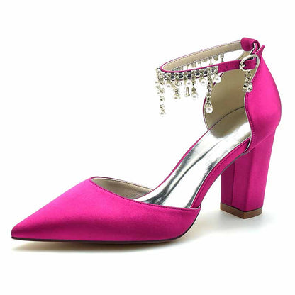 Pink Bridesmaid Satin High Heel Shoes with Ankle Strap and Decorative Beads