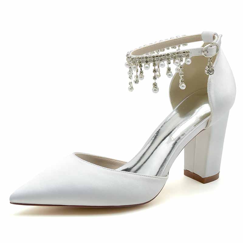Bridesmaid satin high heel shoes with elegant ankle strap and crystal embellishments