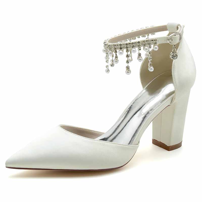 White bridesmaid satin high heel shoes with decorative ankle strap and block heel
