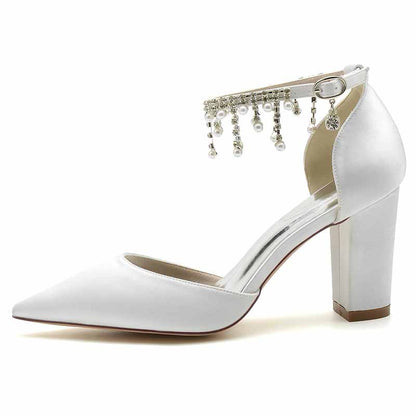 Bridesmaid satin high heel shoes with ankle strap and embellished details for elegant occasions