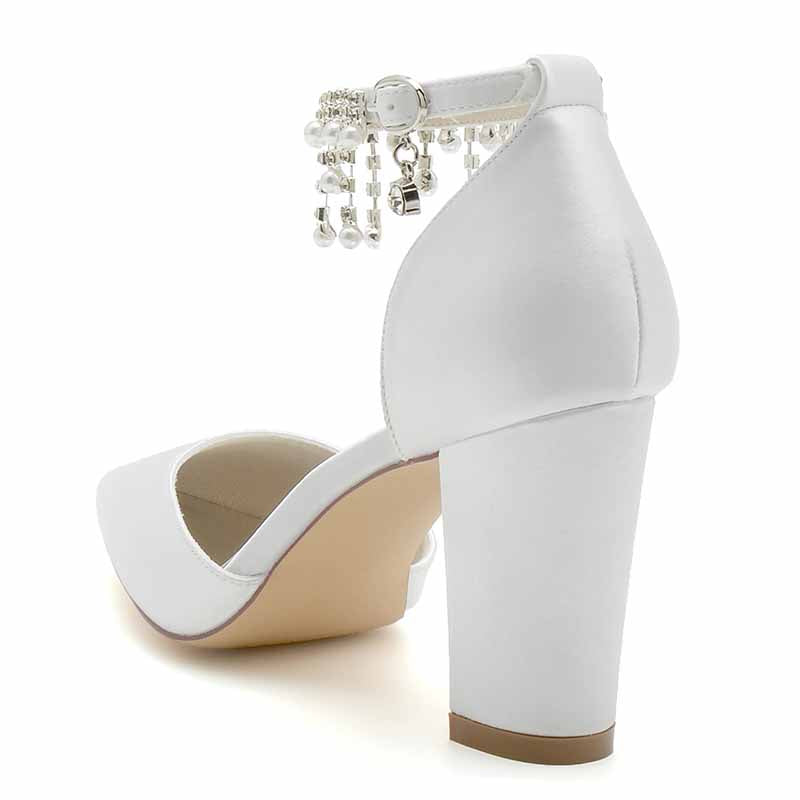 Bridesmaid satin high heel shoes in white with stylish ankle strap and decorative pearls