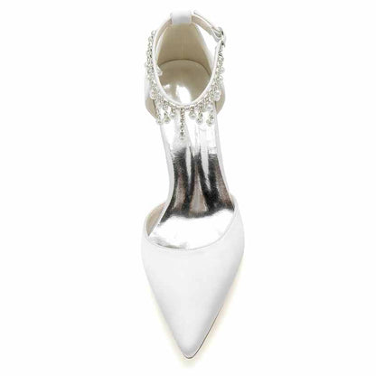 Elegant bridesmaid satin high heel shoes in white with decorative pearl ankle strap